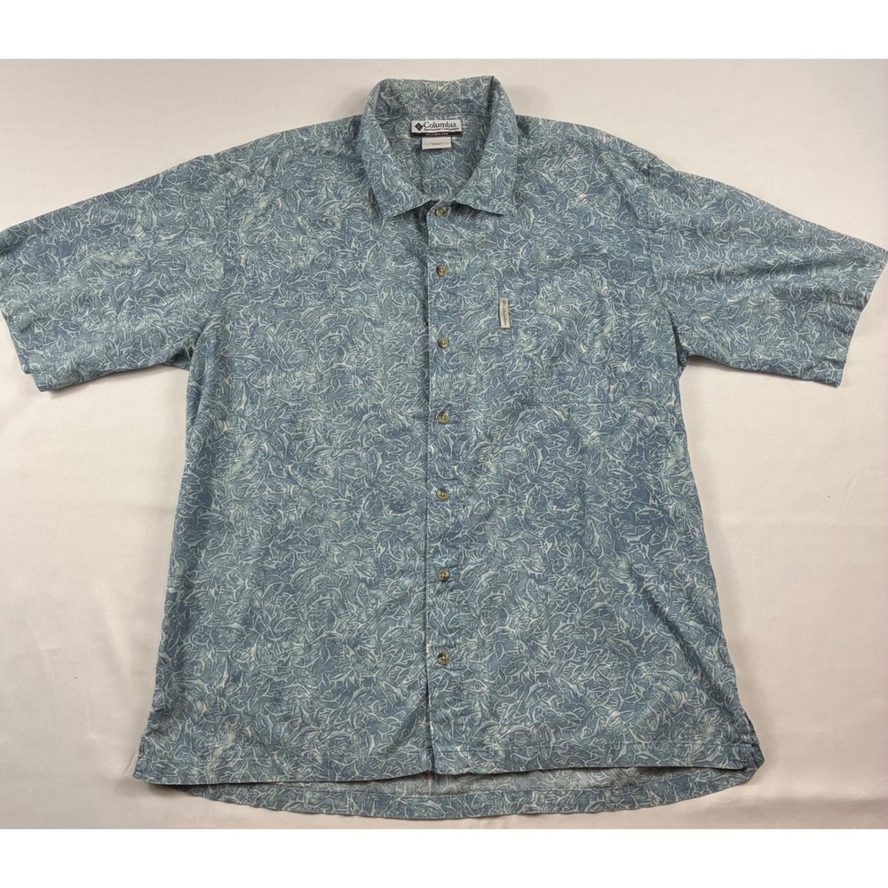 Columbia Fish Print Button Up Shirt Mens Large Blue Short Sleeve Fishing Top